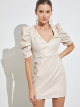 Load image into Gallery viewer, Ivory Faux Leather Puff Sleeve Dress

