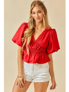 Red Ruched Bubble Sleeve Top