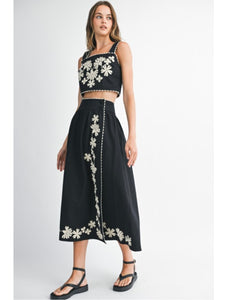 Black Embroidered Top & Midi Skirt Set