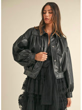 Load image into Gallery viewer, Black Faux Leather Ruched Bomber Jacket
