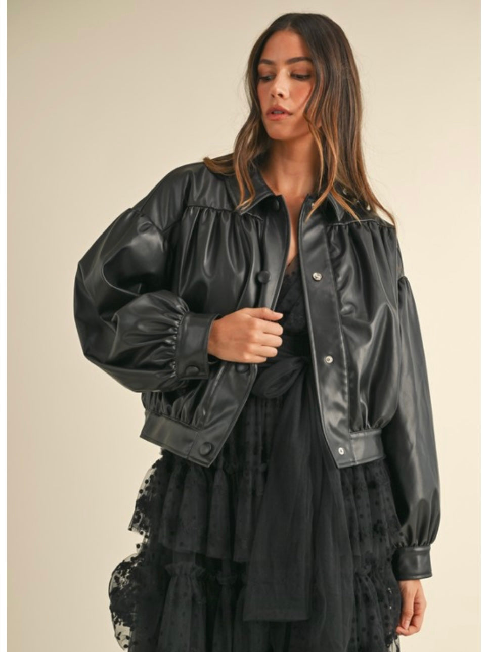 Black Faux Leather Ruched Bomber Jacket