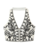 Load image into Gallery viewer, Black &amp; White Embroidered Halter Top
