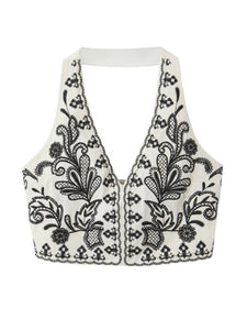 Black & White Embroidered Halter Top