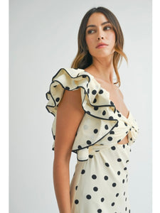 Cream Polka Dot One Shoulder Midi Dress