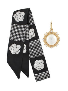 Black & White Floral Houndstooth Pearl Charm Scarf Necklace