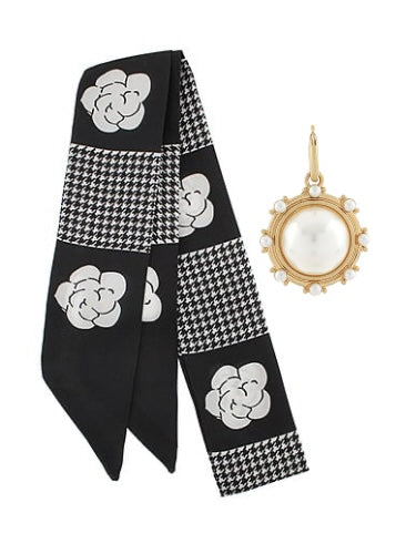 Black & White Floral Houndstooth Pearl Charm Scarf Necklace