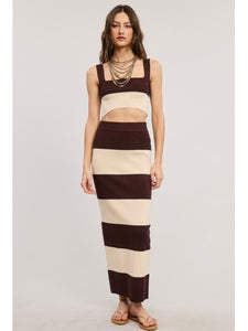 Chocolate & Ivory Stripe Crop Top & Maxi Skirt Set