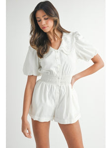 White Embroidered Collared Romper