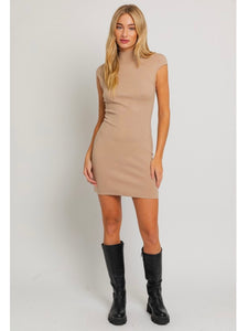 Beige Mock Neck Sleeveless Dress