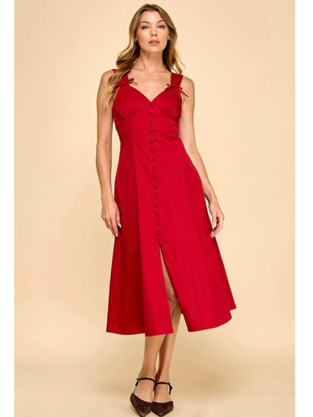 Deep Red Button Front Midi Dress