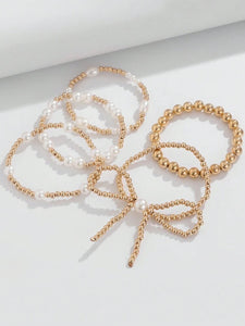 Gold Pearl Bow Bracelet Set