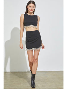 Black Rhinestone Fringe Crop Top