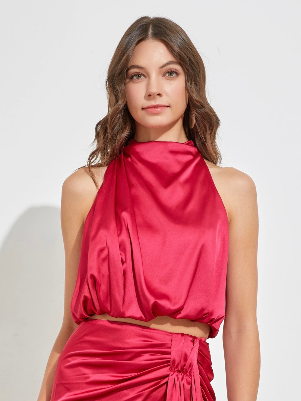 Red High Neck Gathered Top