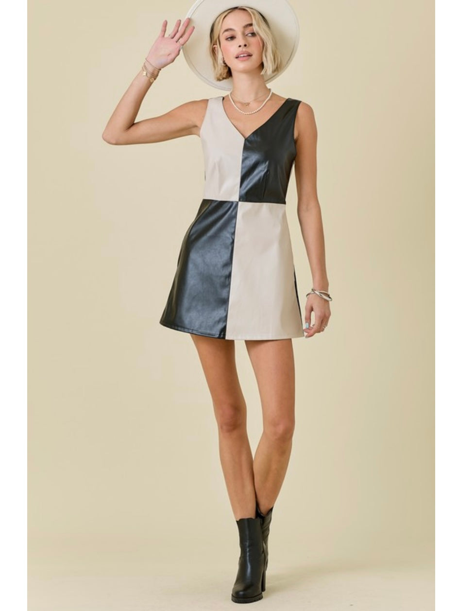 Black & Taupe Colorblock Faux Leather Dress