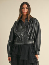 Load image into Gallery viewer, Black Faux Leather Ruched Bomber Jacket
