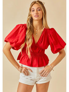 Red Ruched Bubble Sleeve Top