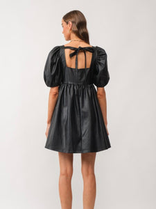Black Vegan Leather Puff Sleeve Dress