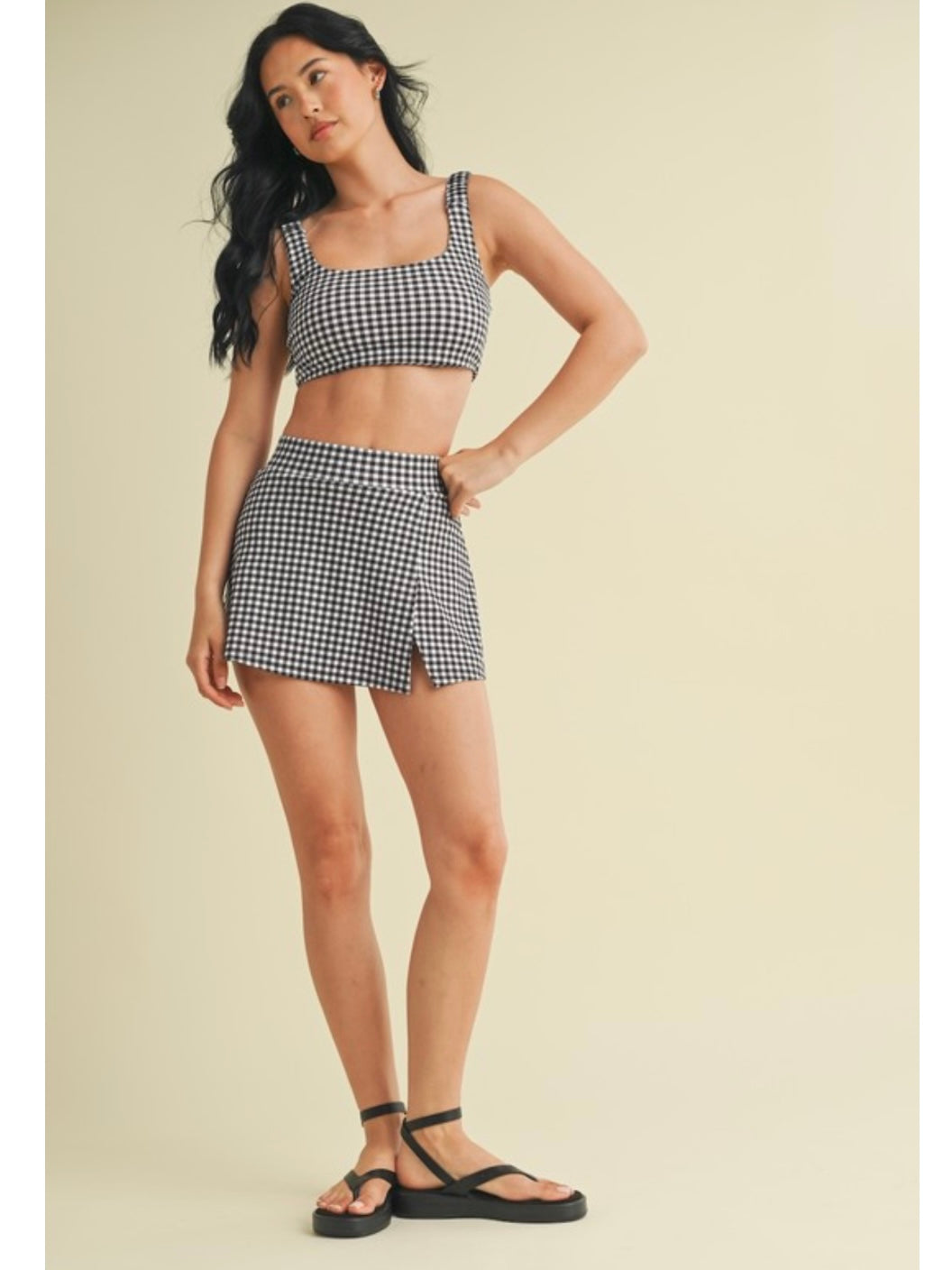 Black Gingham Side Slit Skort