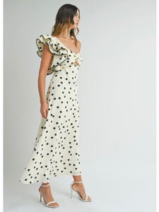 Cream Polka Dot One Shoulder Midi Dress