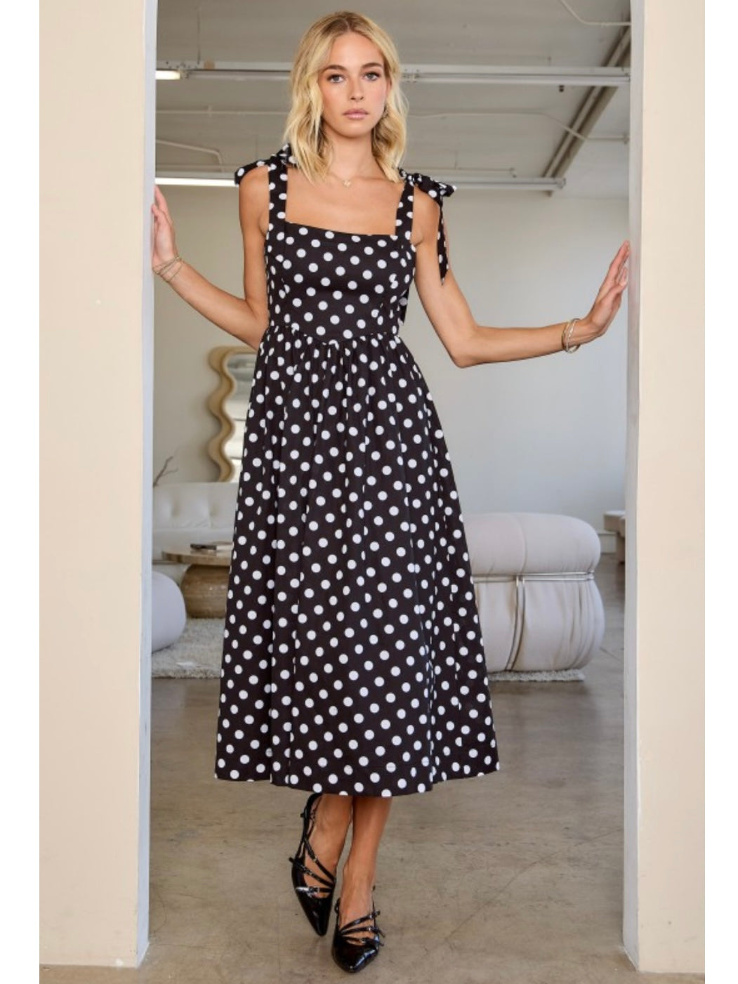 Black Polka Dot Tie Shoulder Midi Dress