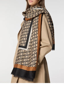 Camel, Black & Taupe Geometric Pattern Scarf