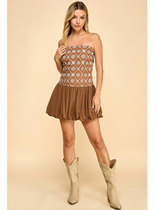 Mocha Floral Embroidered Strapless Dress
