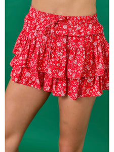 Red Floral Ruffle Skort