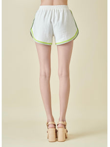 White Color Trim Linen Blend Shorts