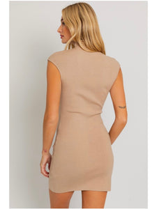 Beige Mock Neck Sleeveless Dress