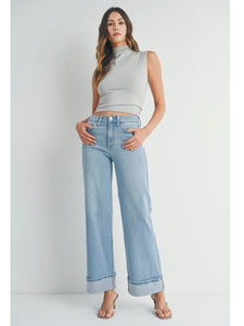 Light Wash Cuffed Wide Leg Denim