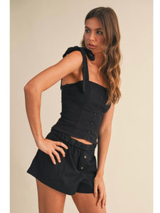 Black Button Down Tie Shoulder Top