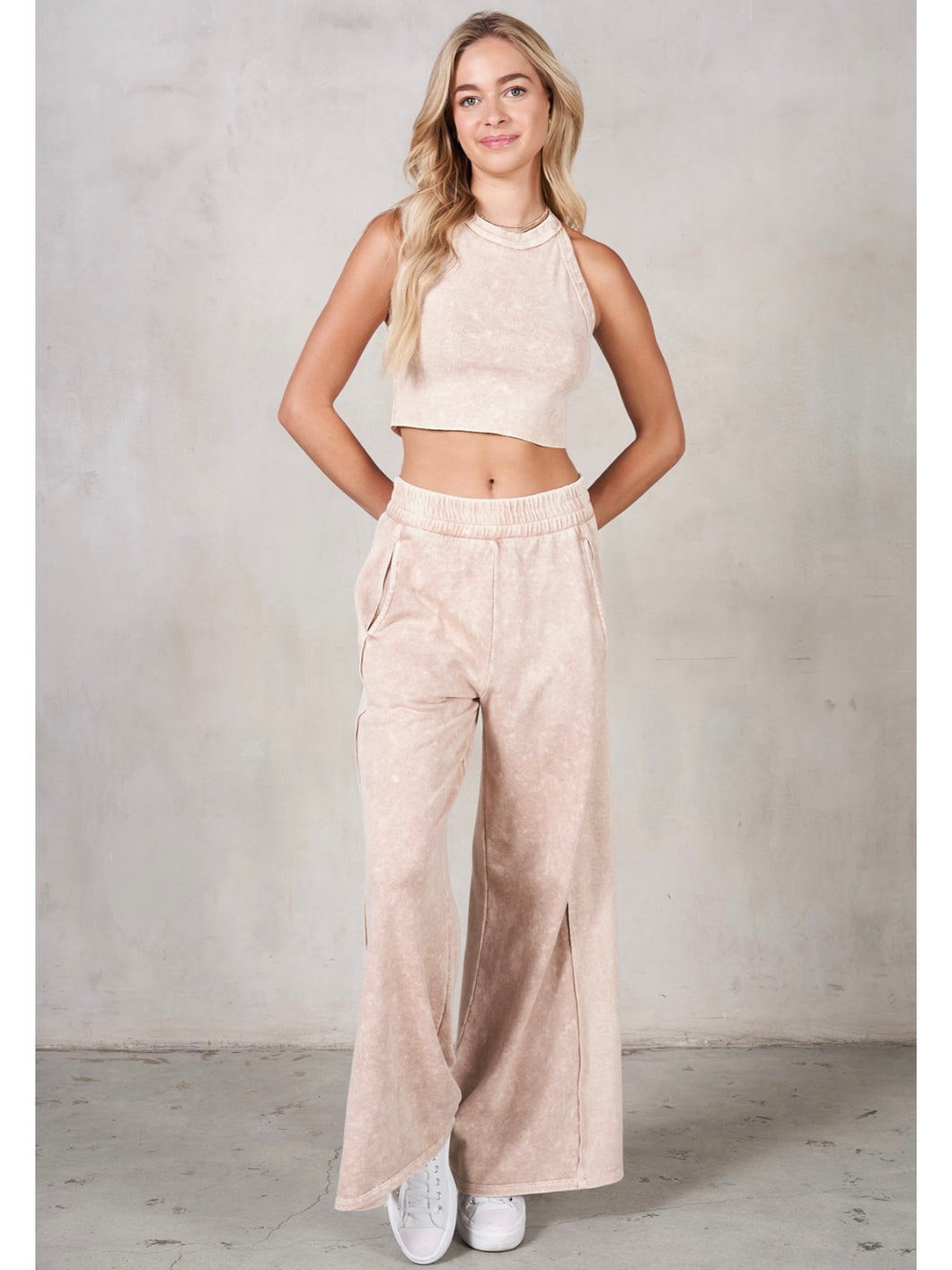 Taupe Mineral Wash Crop Top & Pants Set