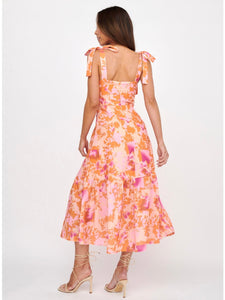 Peach Floral Print Midi Dress