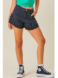 Black Tiered Raw Edge Denim Shorts