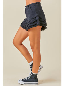 Black Tiered Raw Edge Denim Shorts