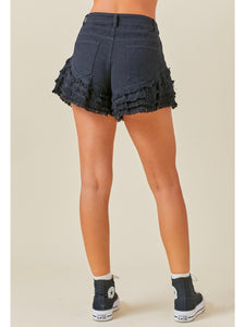 Black Tiered Raw Edge Denim Shorts