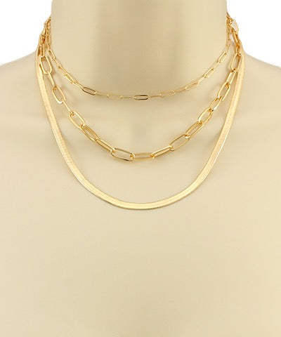 Gold 3 Layer Snake & Linked Chain Necklace