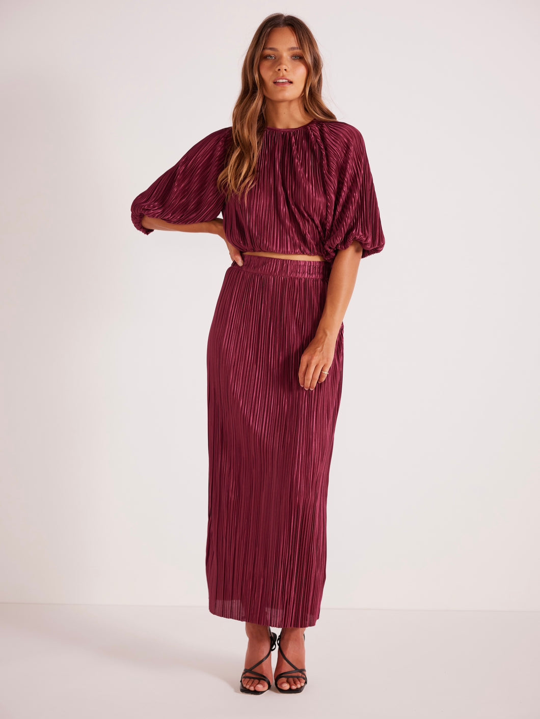 MinkPink Berry Tilla Plisse Midi Skirt