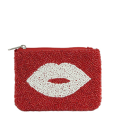 Red & White Lips Beaded Coin Pouch