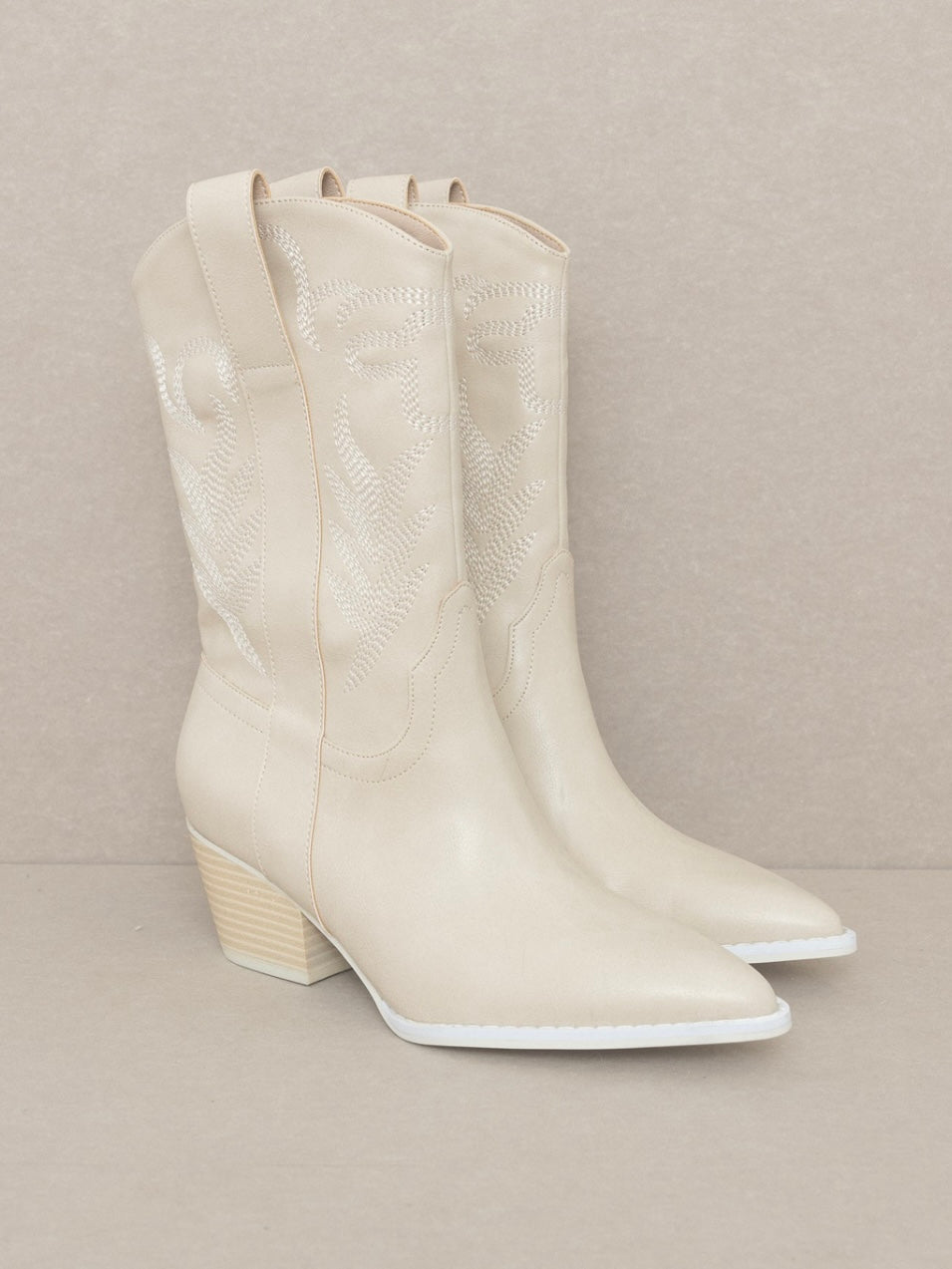 Beige Embroidered Western Boots