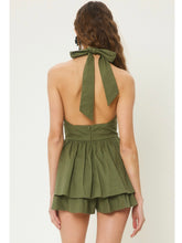 Load image into Gallery viewer, Olive Cross Halter Neck Tiered Romper
