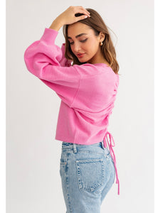 Pink Fuzzy Ruched Back Sweater
