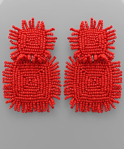 Red Double Bead Square Fringe Earrings