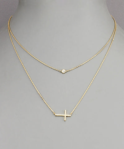 Gold CZ Cross Layered Necklace