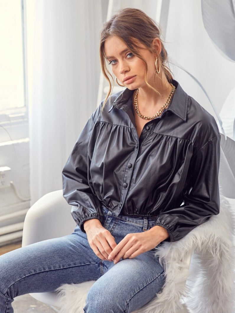 Black Faux Leather Drawstring Top