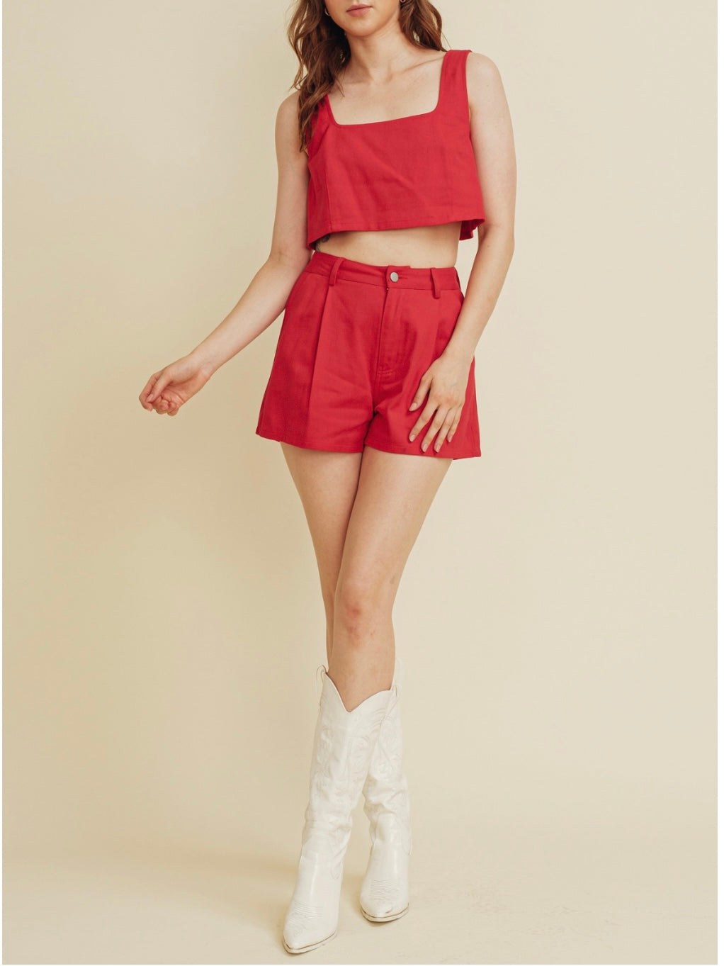 Red Pleat Front Twill Shorts