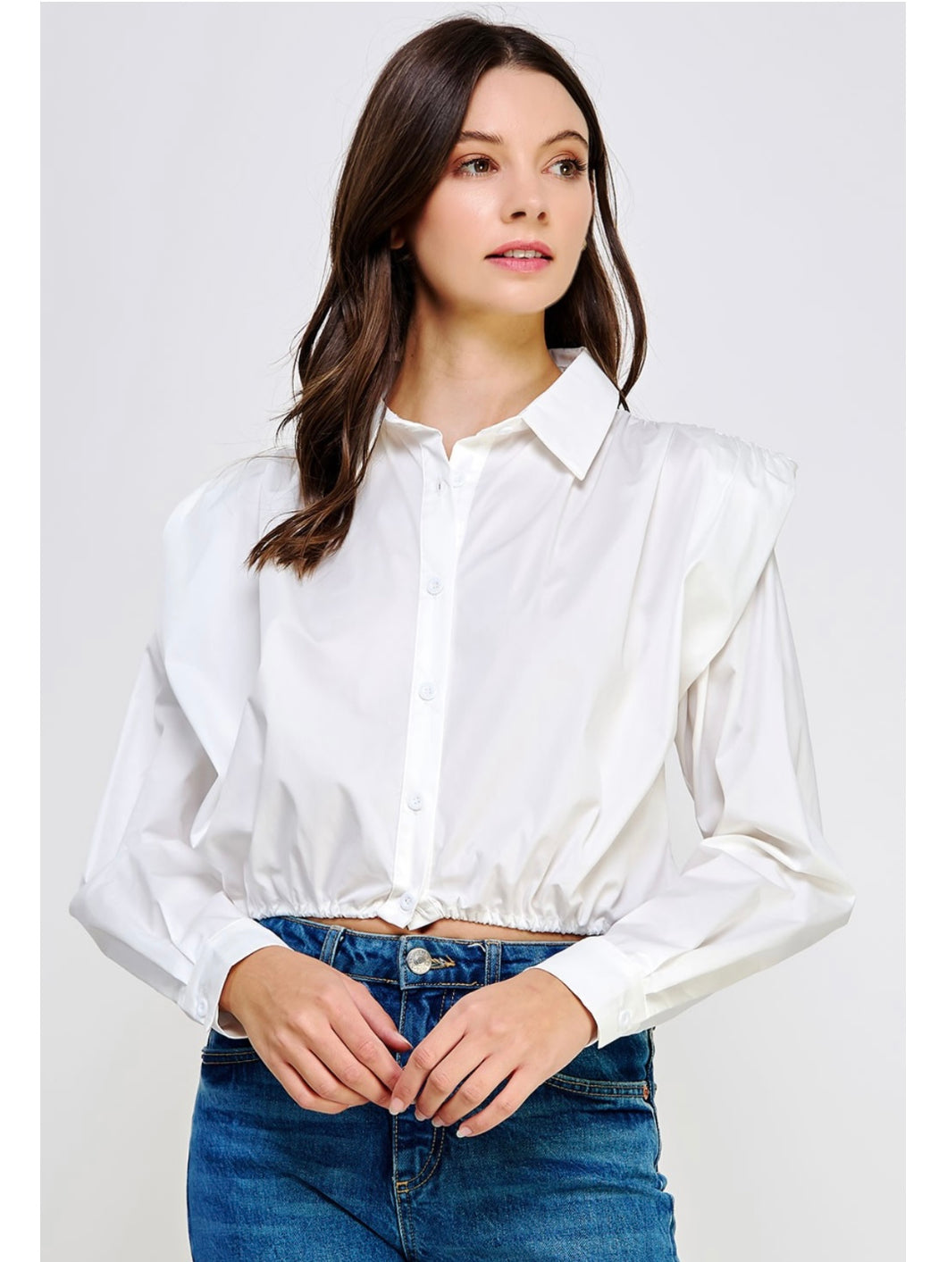 White Padded Shoulder Poplin Button Down