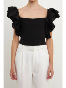 Black Ruffle Shoulder Top