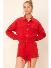 Load image into Gallery viewer, Red Distressed Denim Romper
