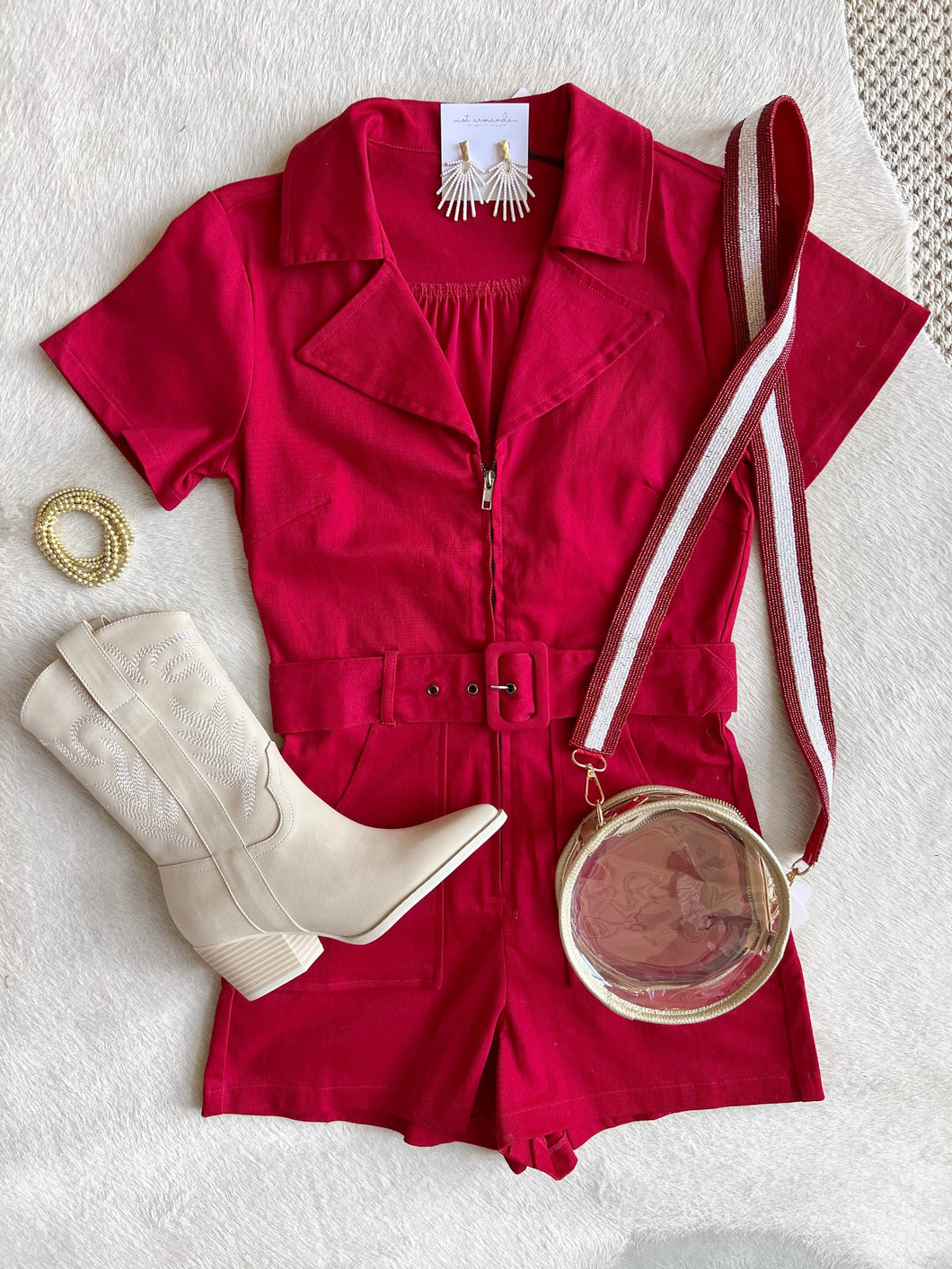 Crimson Zip Front Belted Romper